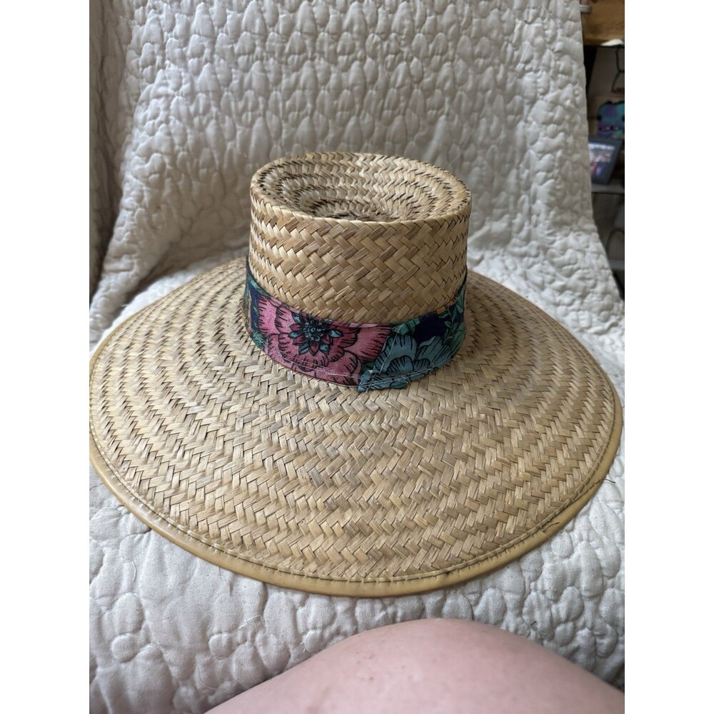 Vintage Hawaiian Straw Sun Hat Wide Brim Tropical Floral Band Beach Garden Hat